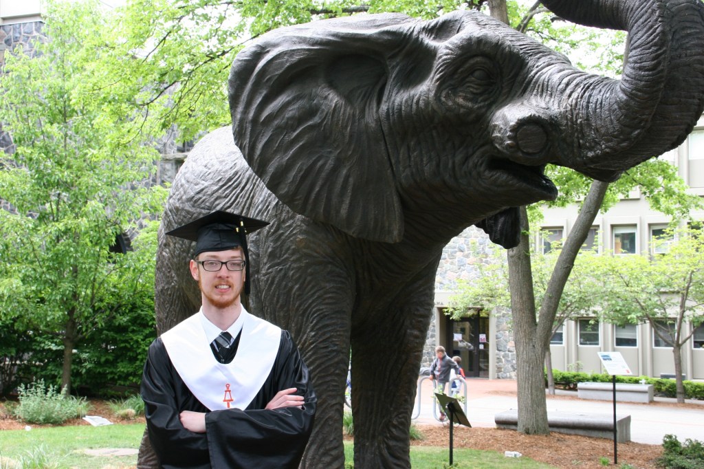 Caleb poses in front of the school mascot, Jumbo. And, yes, that would be Jumbo of circus fame. This latest sculpture of the elephant was recently installed at Tufts.