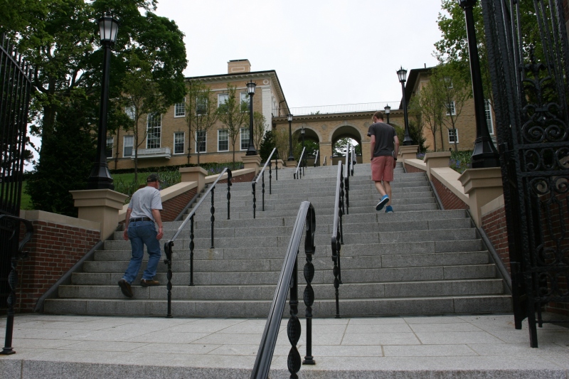 Caleb and Randy climb Memorial Steps, in honor of Tufts' war dead, to the campus. There are a lot of steps.