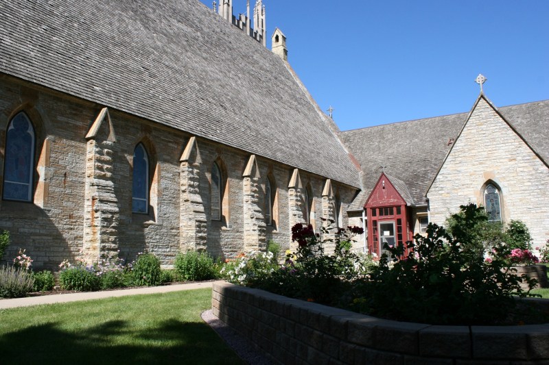 Flowers grow alongside the Cathedral and Guild House and in expansive beds.