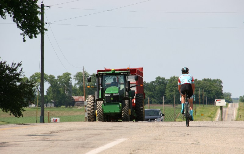 Traffic through Aspelund on Sunday afternoon.