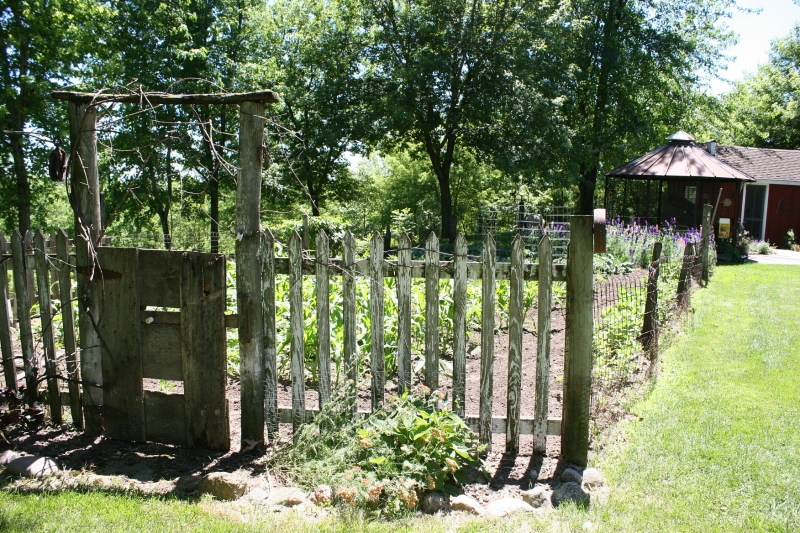 Rustic fencing surrounds the vegetable garden.