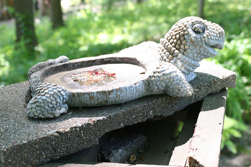 This lizard sculpture holds jelly, for the birds I presume.