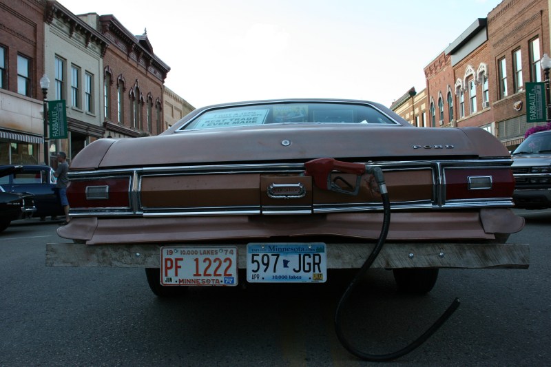A show of humor on the back of a 1974 Ford Torino.