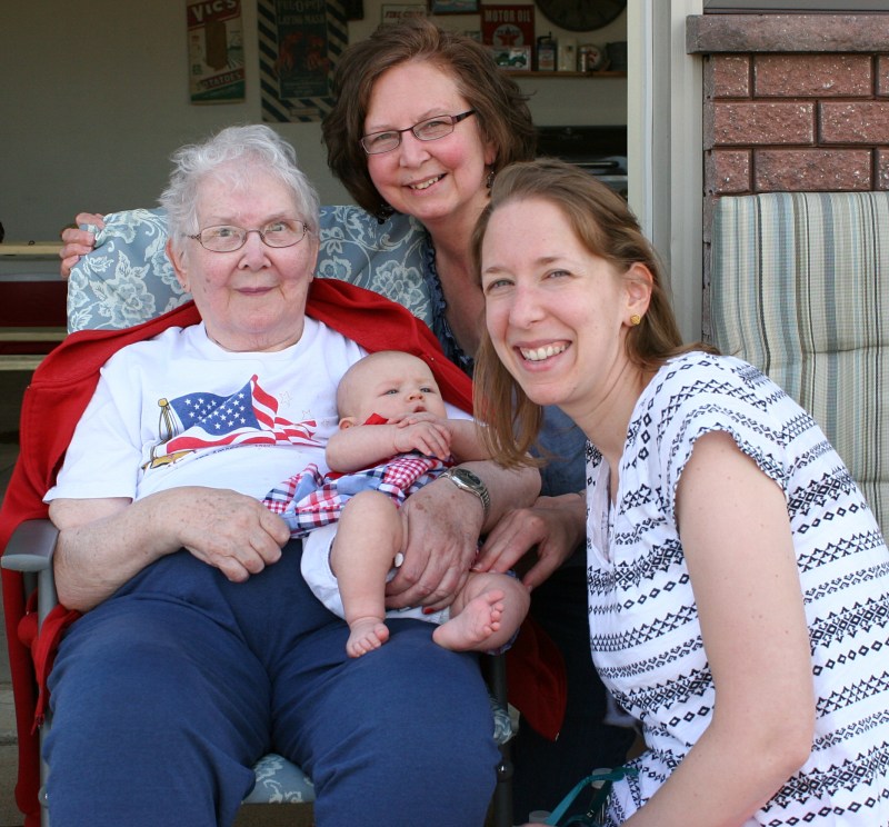 Four generations: Great Grandma Arlene, Grandma Audrey, Mother Amber and baby Isabelle, all together for the first time.