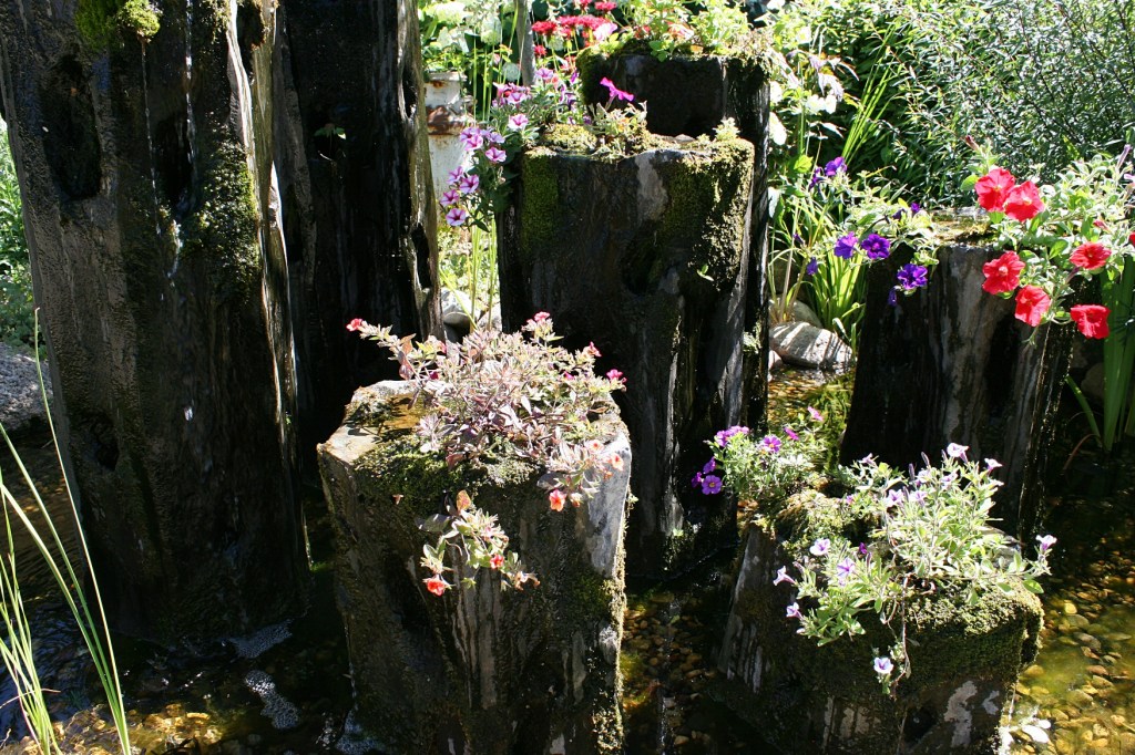 Annuals grow in rock water columns in the sunny front yard.