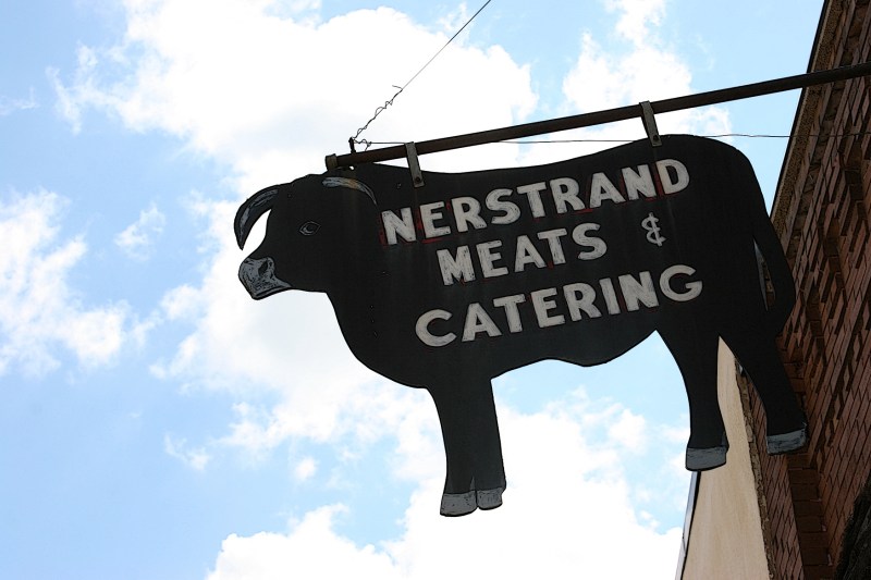 This sign marks the meat market.