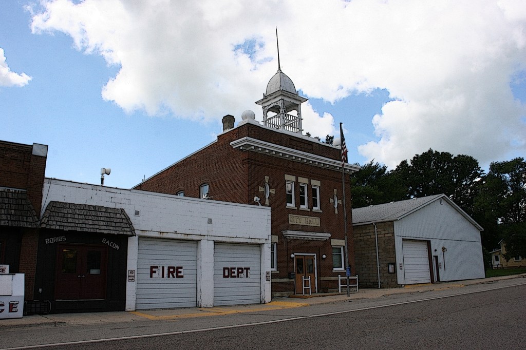 The fire hall and city hall sit next to Nerstrand Meats.