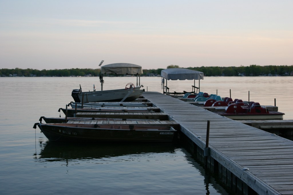 The Lake James dock at sunset.