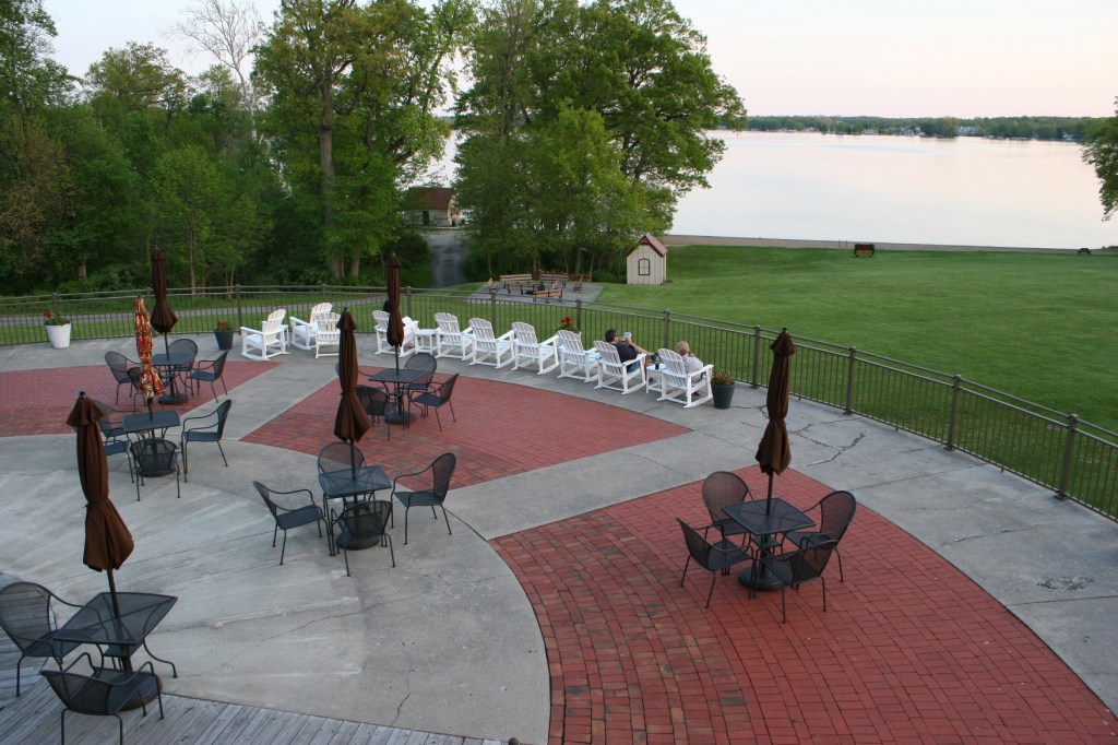 This massive sun deck overlooks Lake James.