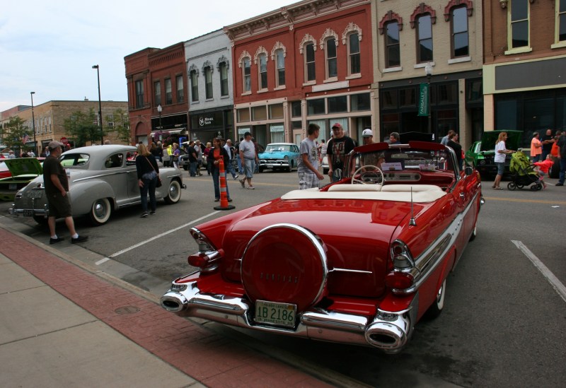 This 1956 Pontiac features a Continental kit which allows the spare tire to be attached to the back.
