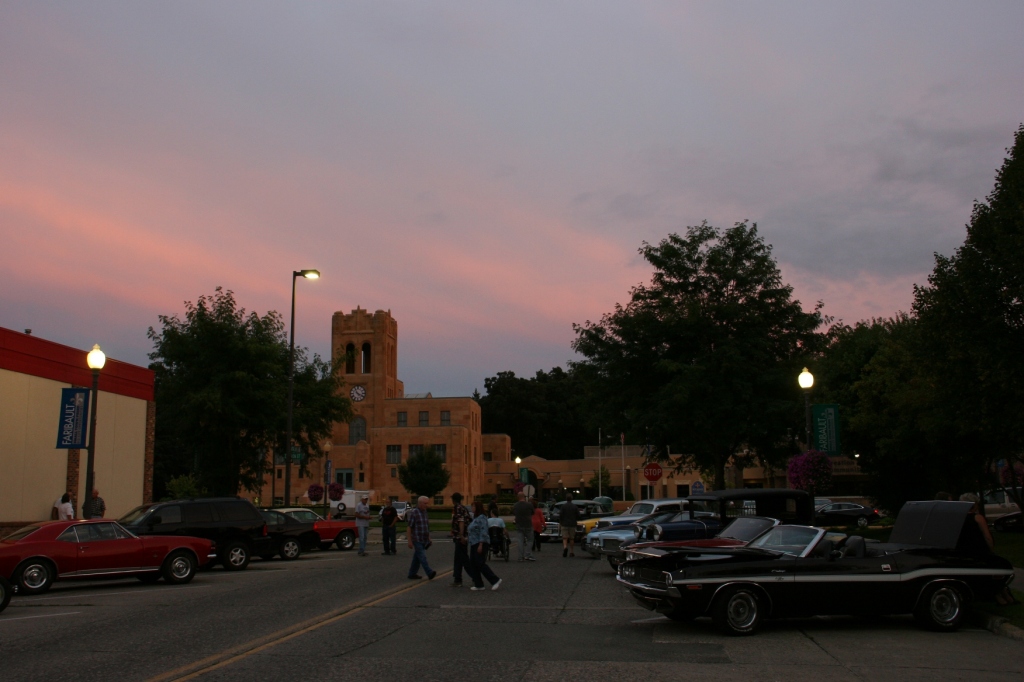 It was a perfect August summer evening in Faribault with the sky tinted red as the sun set, here looking toward the historic Buckham Memorial Library.