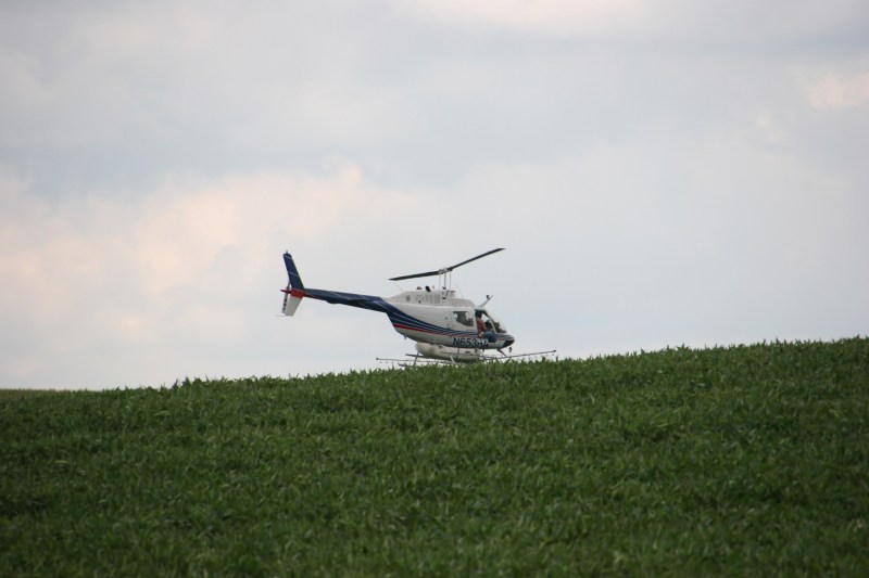 The helicopter files over a hill in the corn field.