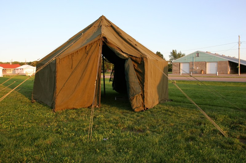 Several military tents have been set up at the fairgrounds.