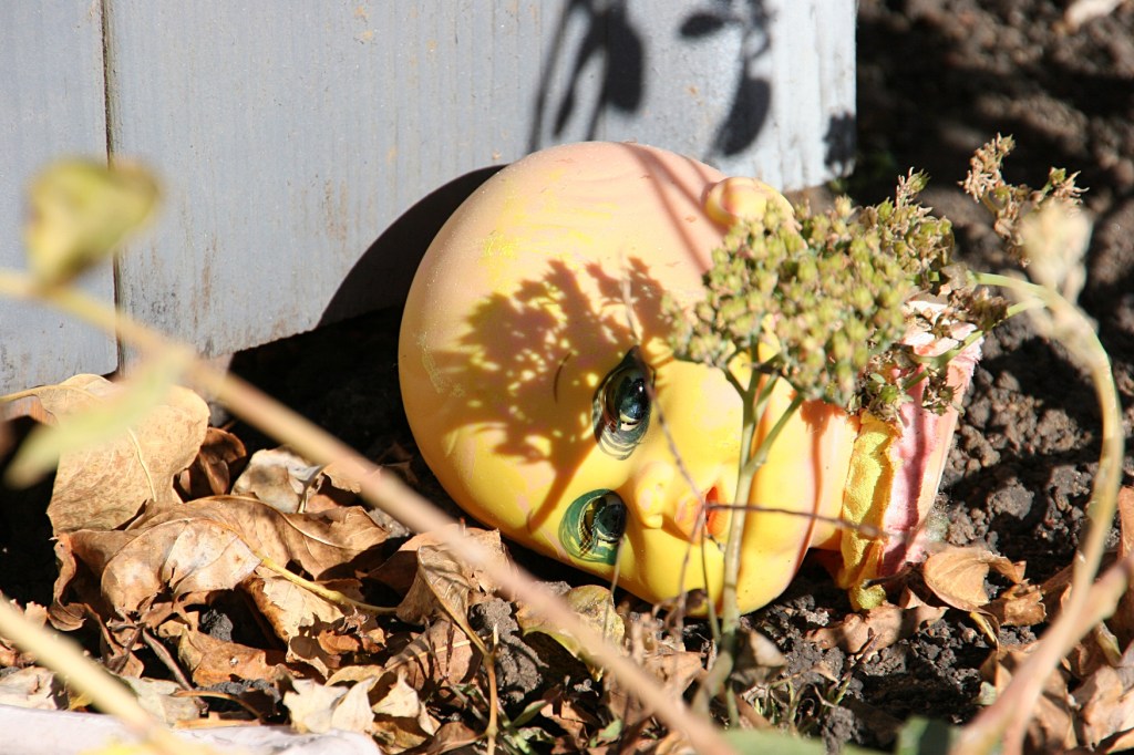 A doll's head lies next to a tombstone in a Hayfield, Minnesota, yard decorated for Halloween.