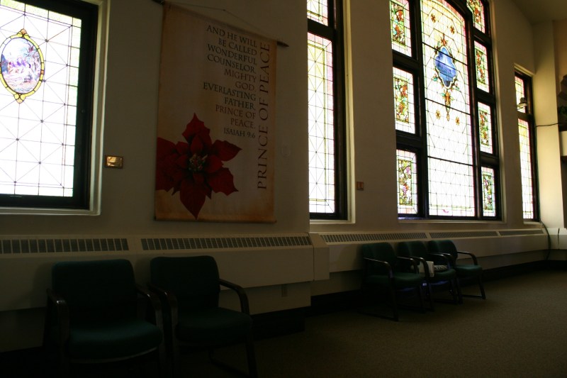 Stunning stained glass windows at the back of the sanctuary.