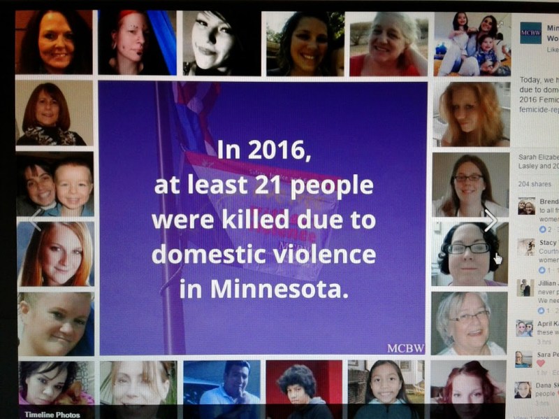 A photo of a graphic posted on the MCBW Facebook page shows photos of all 21 individuals who died as a result of domestic violence homicide in 2016 in Minnesota. Barb Larson