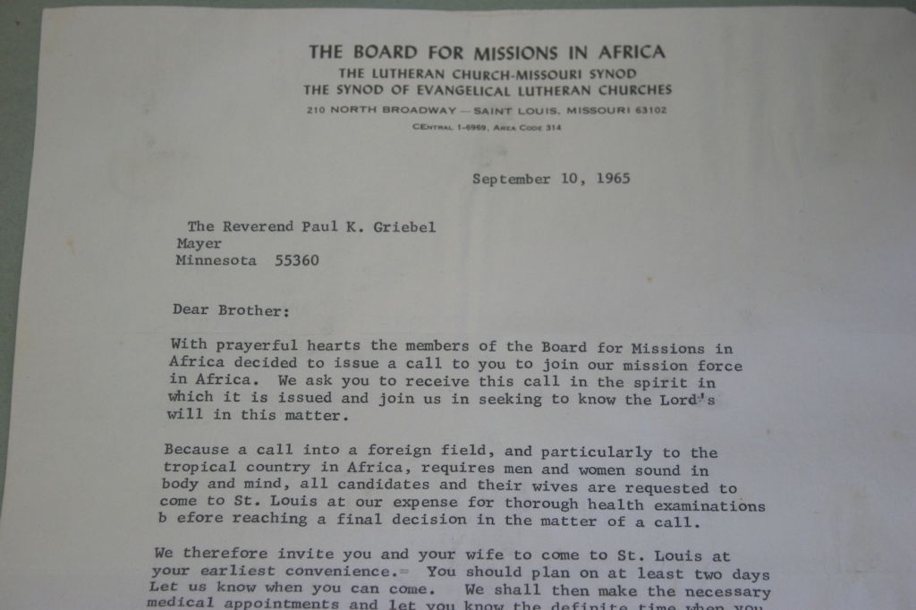 The letter calling the Rev. Paul Griebel and his family to the mission field in Nigeria.