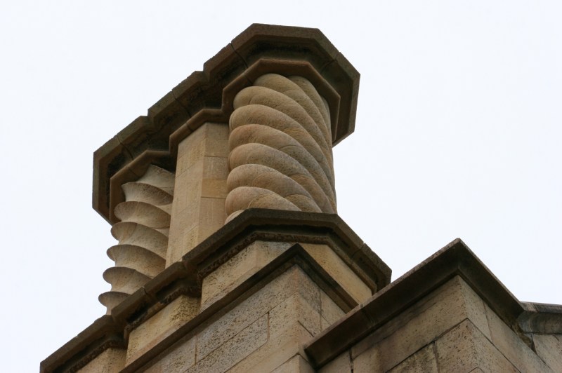 Details in architecture atop tne Kasota limestone walls.