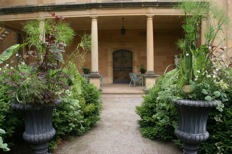 Lucious planters frame a path to the patio.