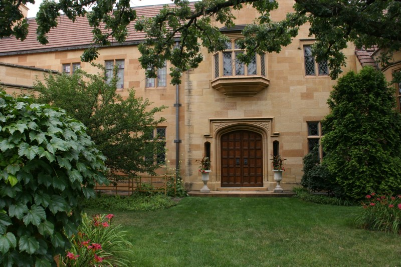 Massive doors define the entry.