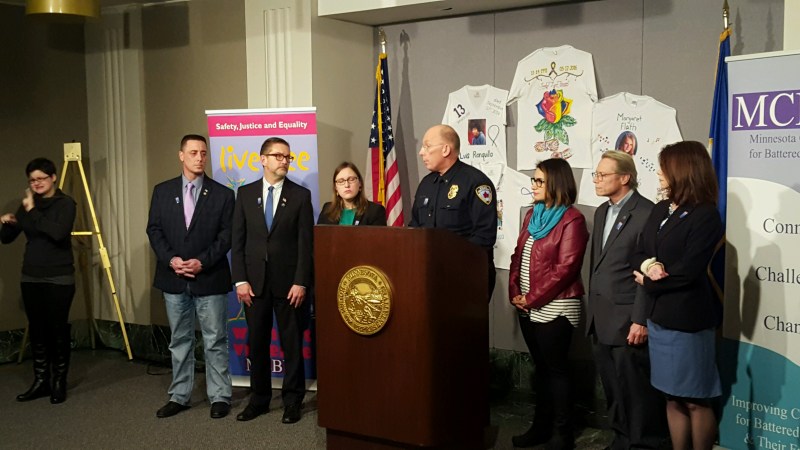 The 2016 Femicide Report was released at a press conference Tuesday morning. Here Maplewood Police Chief Paul takes the podium. Photo by Erica Staab, executive director of HOPE Center, Faribault.