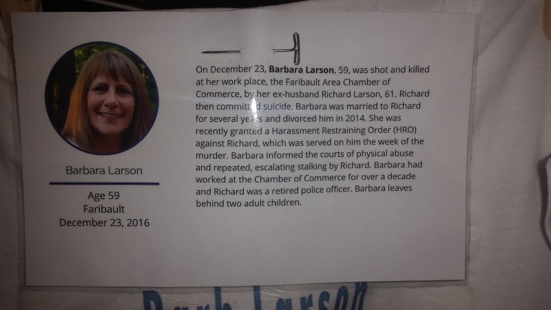 This information about Barb Larson's murder was displayed with a personalized t-shirt as part of The Clothesline Project exhibited during the MCBW Domestic Violence Homicide Memorial on Tuesday. Photo by and courtesty of Sandra Seelhammer, Rice County Blueprint for Safety Cooridnator.
