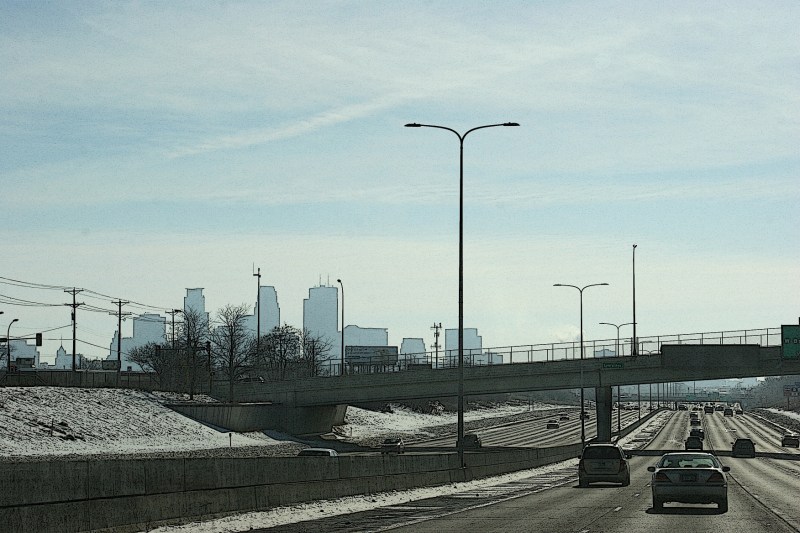 Driving toward downtown Minneapolis on Interstate 94.