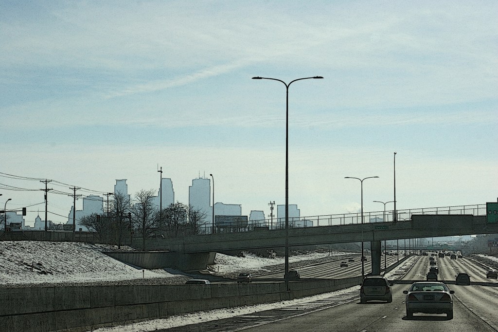 Driving toward downtown Minneapolis on Interstate 94.