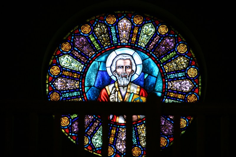 The stained glass window of St. Nicholas, the patron saint of this congregation, is situated in the balcony. I didn't go into the balcony as a sign banned unapproved visitors per insurance requirements.