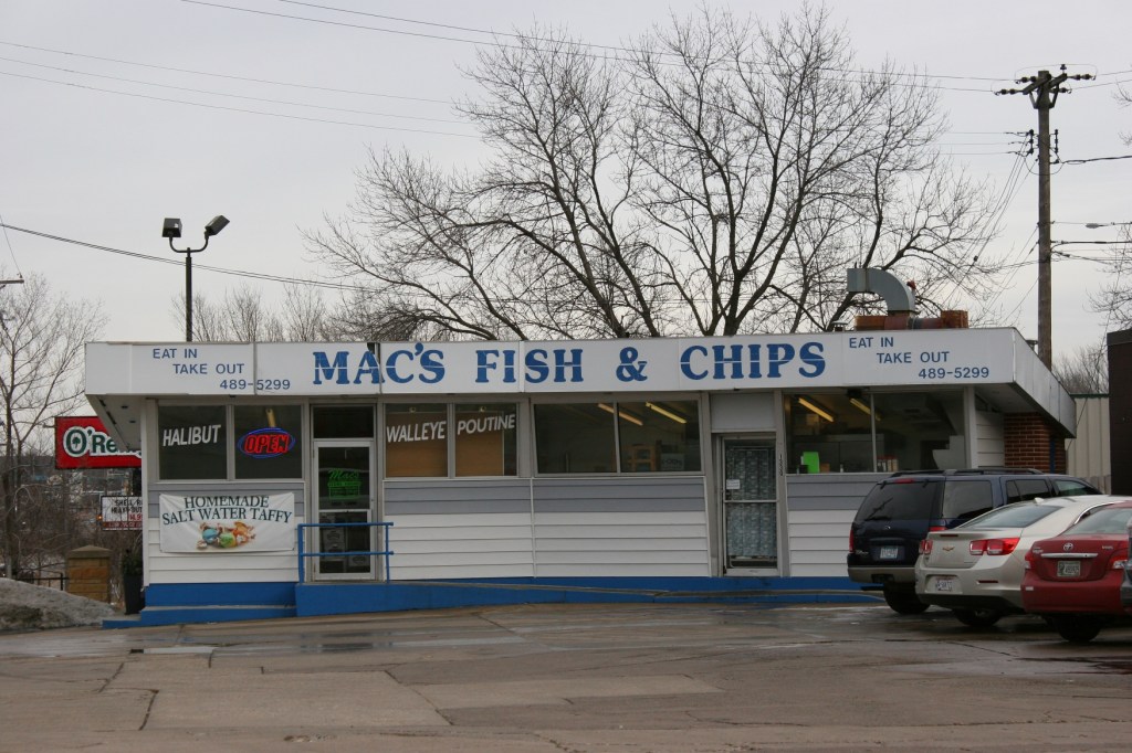 This recent roadside photo I snapped of Mac's Fish & Chips, on the corner of Hamline and Larpenteur in St. Paul, prompted this blog post. Mac serves deep-fried halibut, walleye, cod, shrimp, clams and, yes, chicken, along with a few sides in this former Clark Gas Station building. You can also buy Mac's battered walleye at Target Field in Minneapolis.