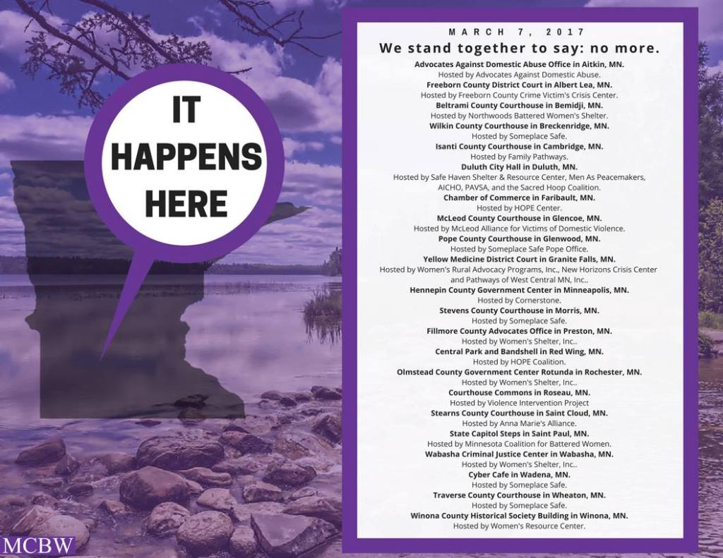The list of communities participating in the "It Happens Here" event is posted on the Minnesota Coalition for Battered Women Facebook page.